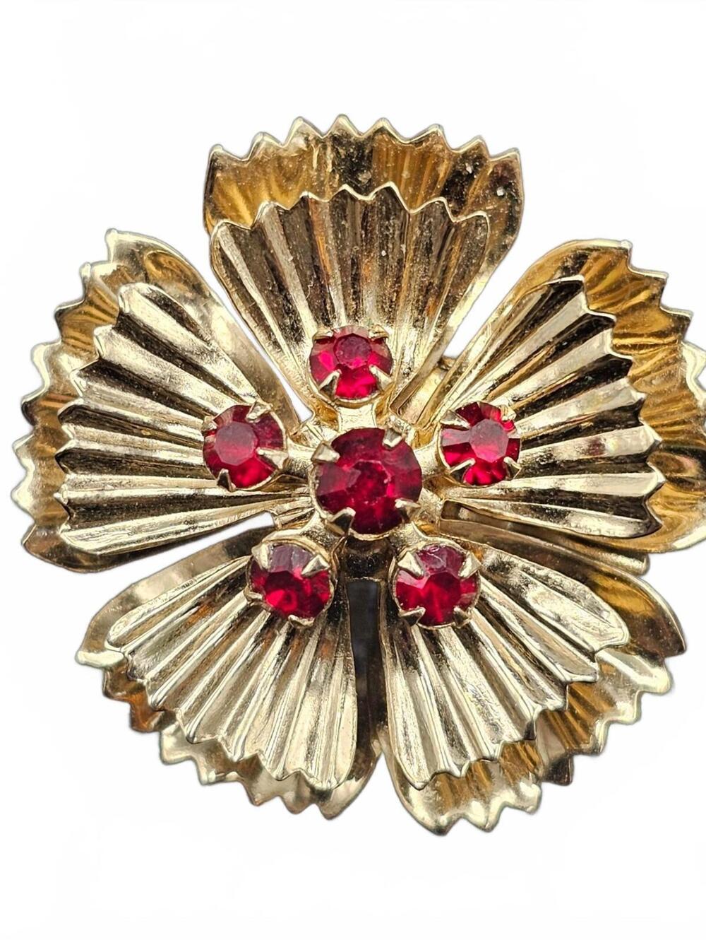 Gold Tone Red Rhinestone Flower Brooch